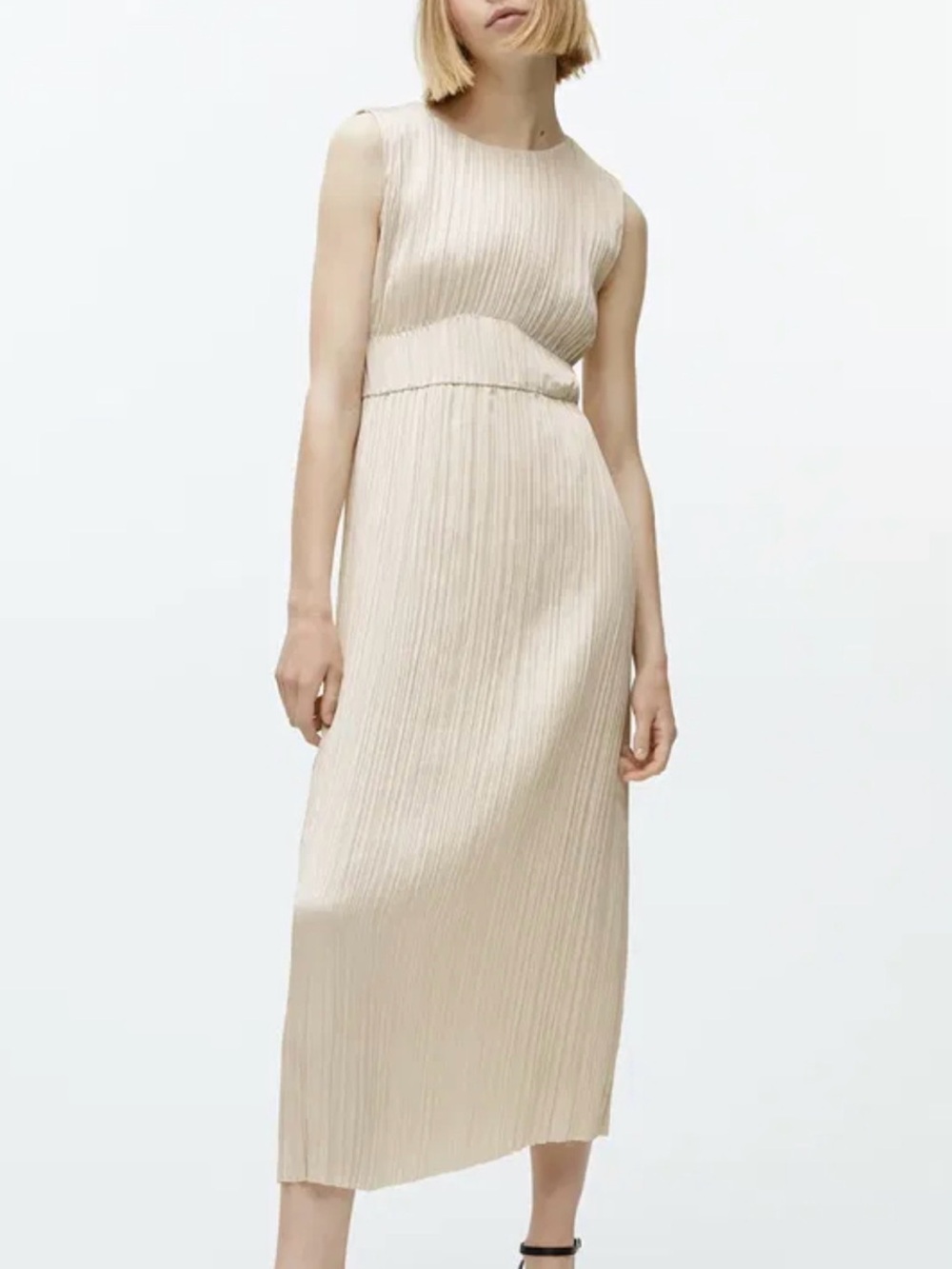 Sleeveless Pleated Midi Dress in Light Cream
